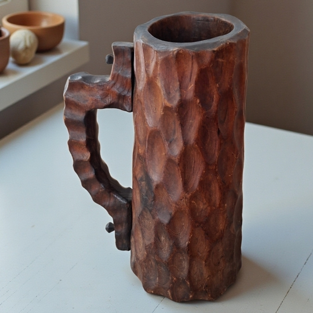 Vintage Hand-Carved Wooden Beer Mug Rustic Folk Art Decor Bar Decoration